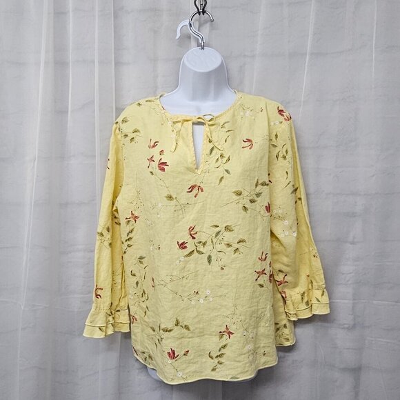 Vintage J. Marcos Yellow Floral Linen Peasant Blouse Boho Cottagecore L - Picture 1 of 11